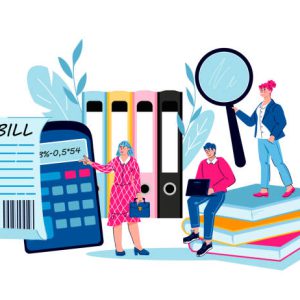 Business accounting and financial audit services concept with tiny people. Money management report, spend and income-expenditure analysis banner template, cartoon vector illustration.